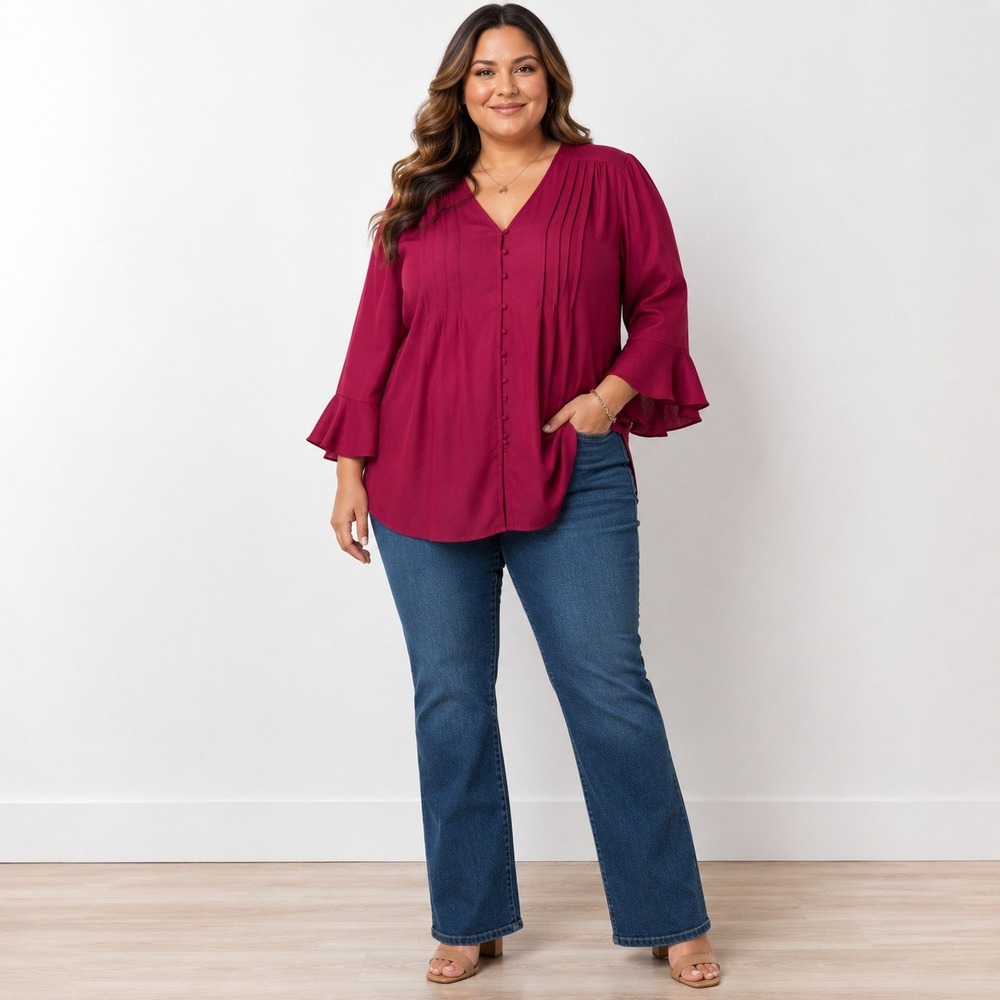 Jessica Simpson Women's Button-Front V-Neck Blouse Top Red Plus Size 3X